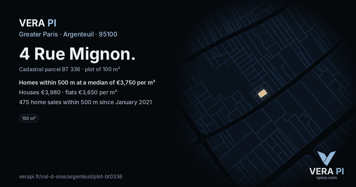 4 Rue Mignon, Argenteuil at night – the plot lit, the parcels around coloured by the prices near them