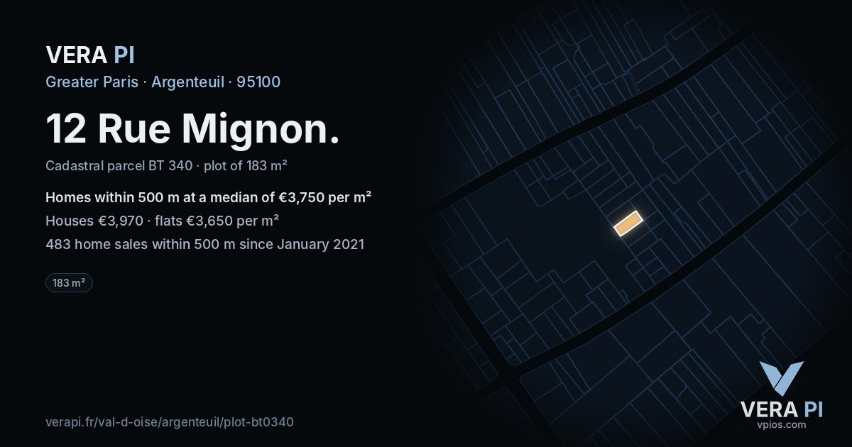 12 Rue Mignon, Argenteuil at night – the plot lit, the parcels around coloured by the prices near them