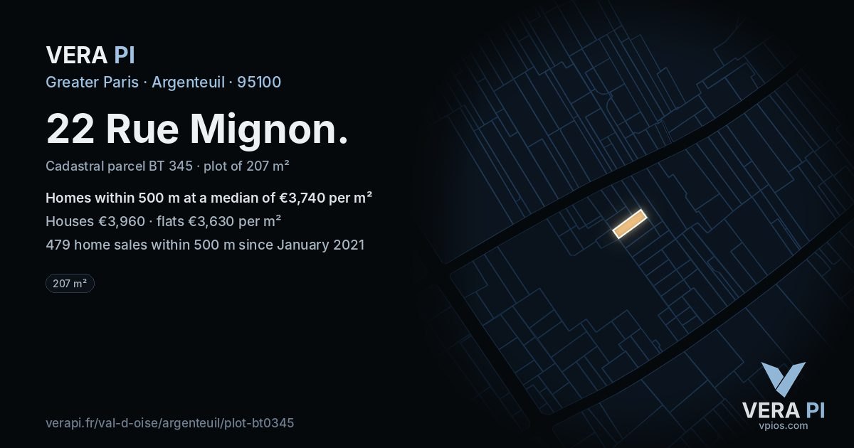 22 Rue Mignon, Argenteuil at night – the plot lit, the parcels around coloured by the prices near them