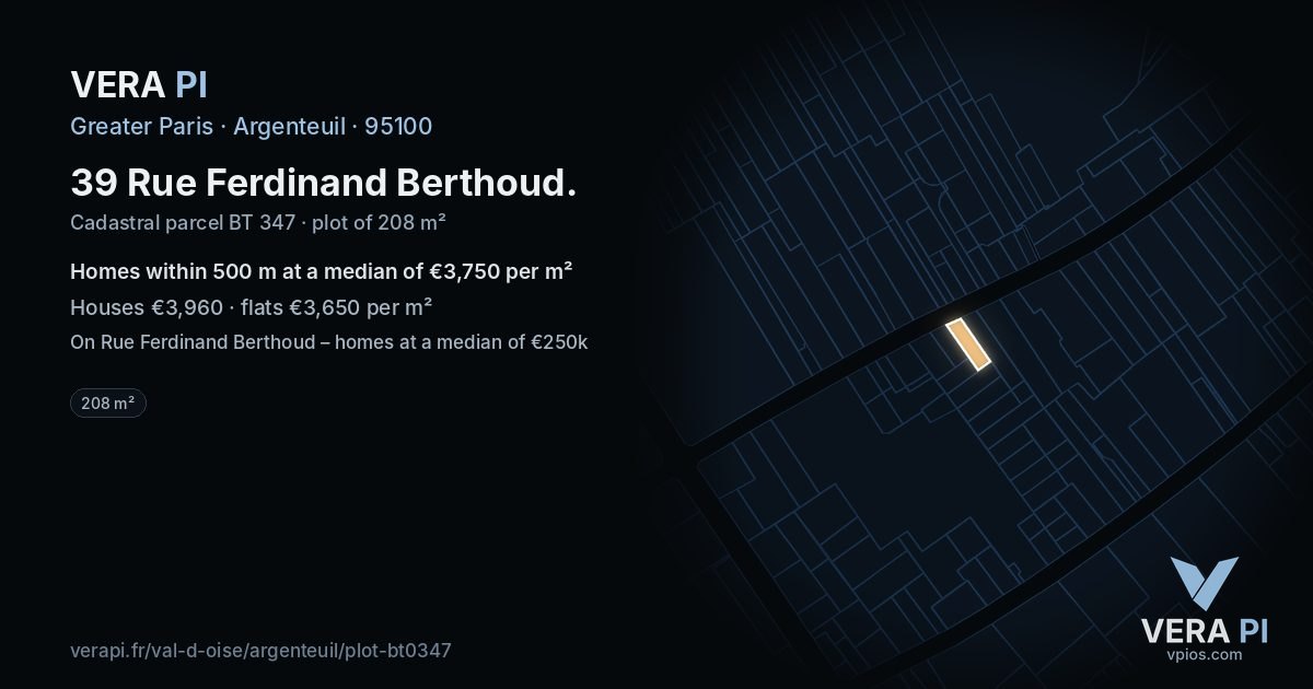 39 Rue Ferdinand Berthoud, Argenteuil at night – the plot lit, the parcels around coloured by the prices near them
