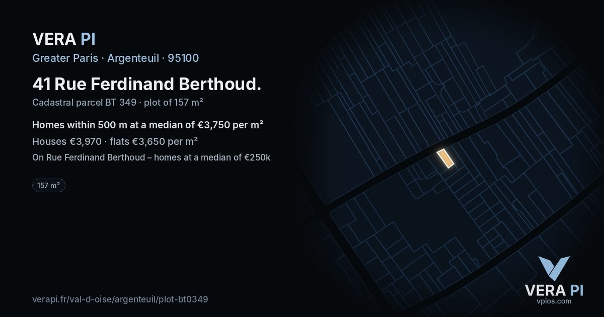 41 Rue Ferdinand Berthoud, Argenteuil at night – the plot lit, the parcels around coloured by the prices near them