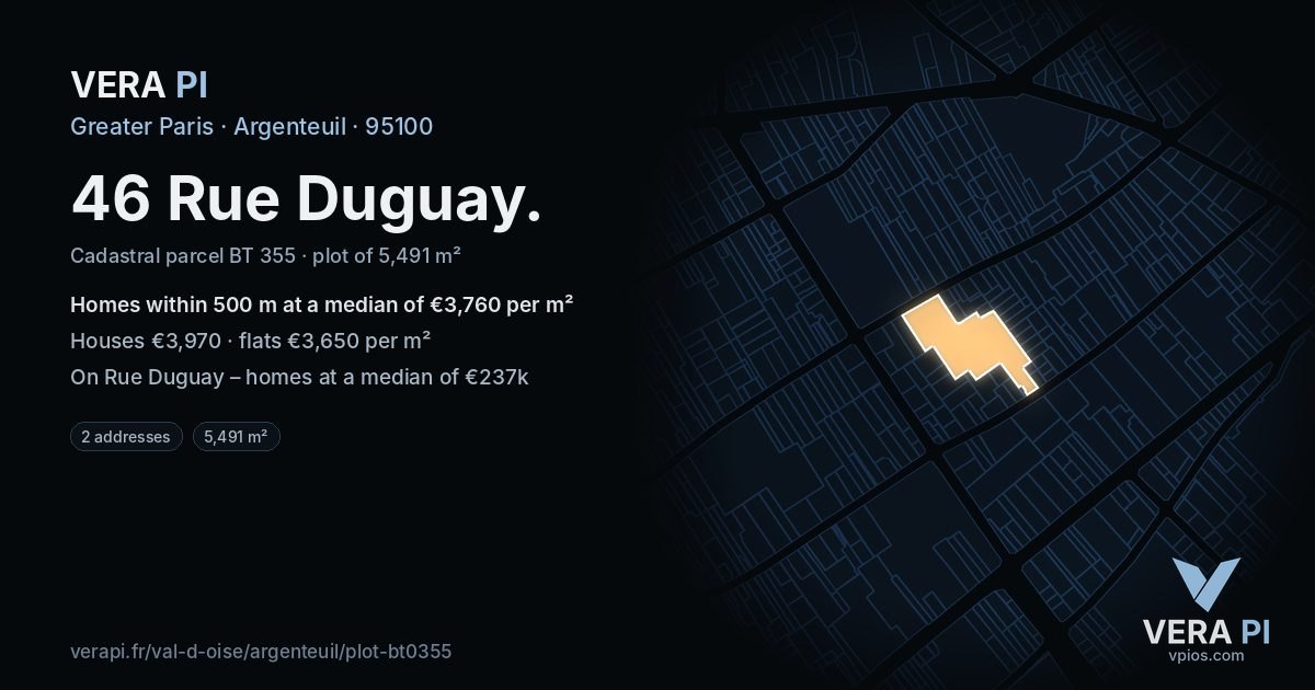 46 Rue Duguay, Argenteuil at night – the plot lit, the parcels around coloured by the prices near them