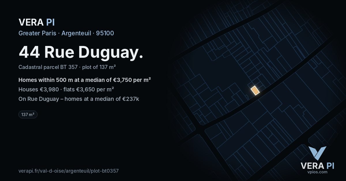 44 Rue Duguay, Argenteuil at night – the plot lit, the parcels around coloured by the prices near them