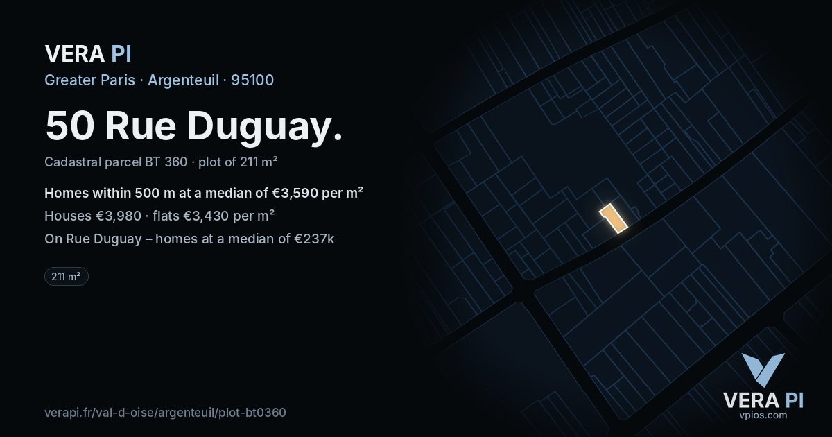 50 Rue Duguay, Argenteuil at night – the plot lit, the parcels around coloured by the prices near them