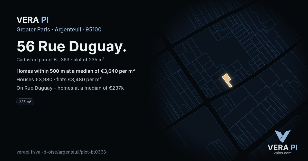 56 Rue Duguay, Argenteuil at night – the plot lit, the parcels around coloured by the prices near them
