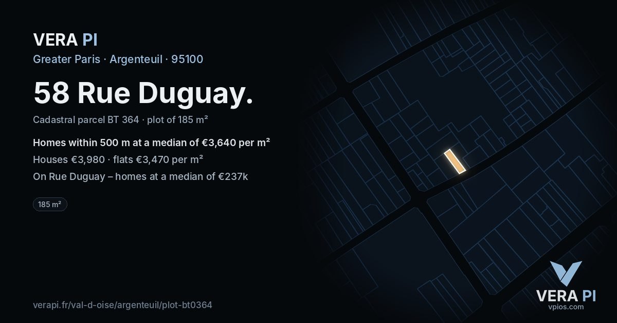 58 Rue Duguay, Argenteuil at night – the plot lit, the parcels around coloured by the prices near them