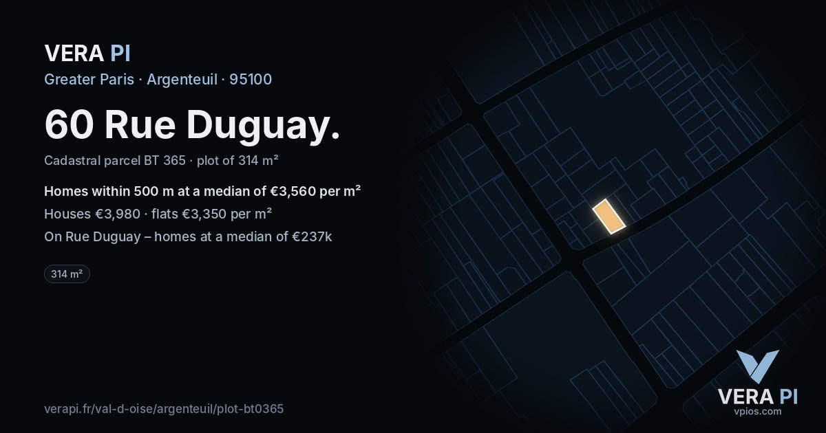 60 Rue Duguay, Argenteuil at night – the plot lit, the parcels around coloured by the prices near them