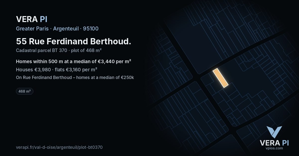 55 Rue Ferdinand Berthoud, Argenteuil at night – the plot lit, the parcels around coloured by the prices near them