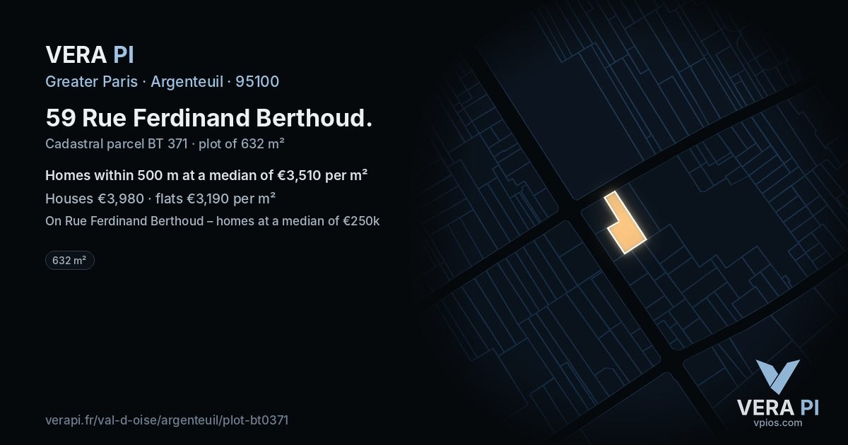 59 Rue Ferdinand Berthoud, Argenteuil at night – the plot lit, the parcels around coloured by the prices near them