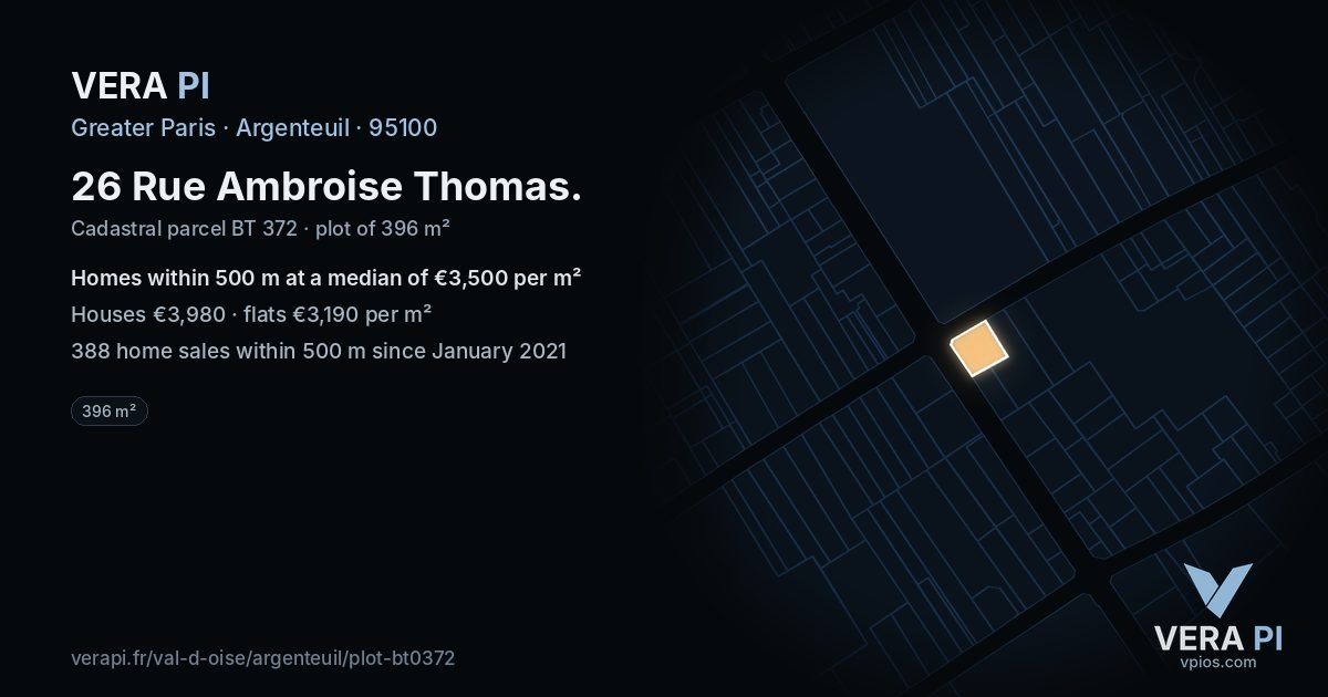 26 Rue Ambroise Thomas, Argenteuil at night – the plot lit, the parcels around coloured by the prices near them