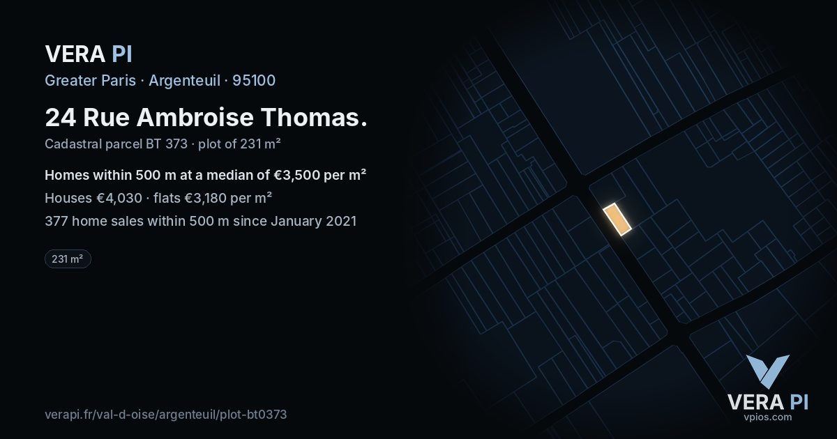 24 Rue Ambroise Thomas, Argenteuil at night – the plot lit, the parcels around coloured by the prices near them