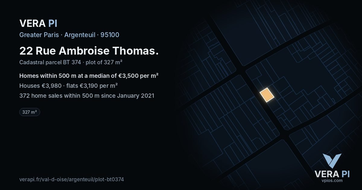22 Rue Ambroise Thomas, Argenteuil at night – the plot lit, the parcels around coloured by the prices near them