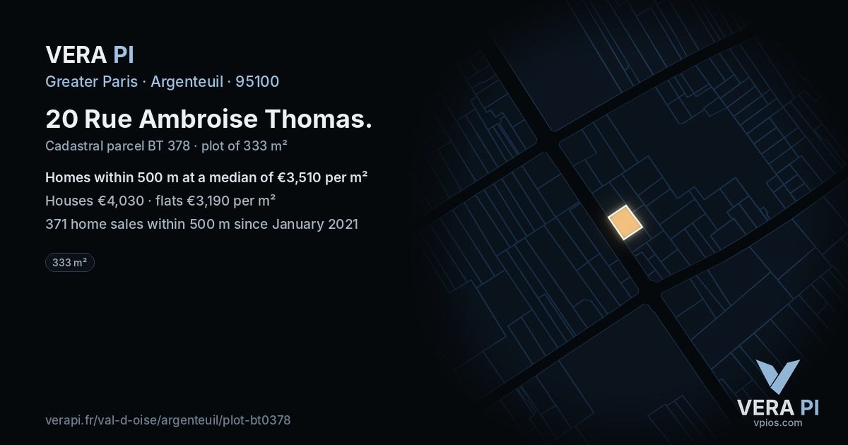 20 Rue Ambroise Thomas, Argenteuil at night – the plot lit, the parcels around coloured by the prices near them