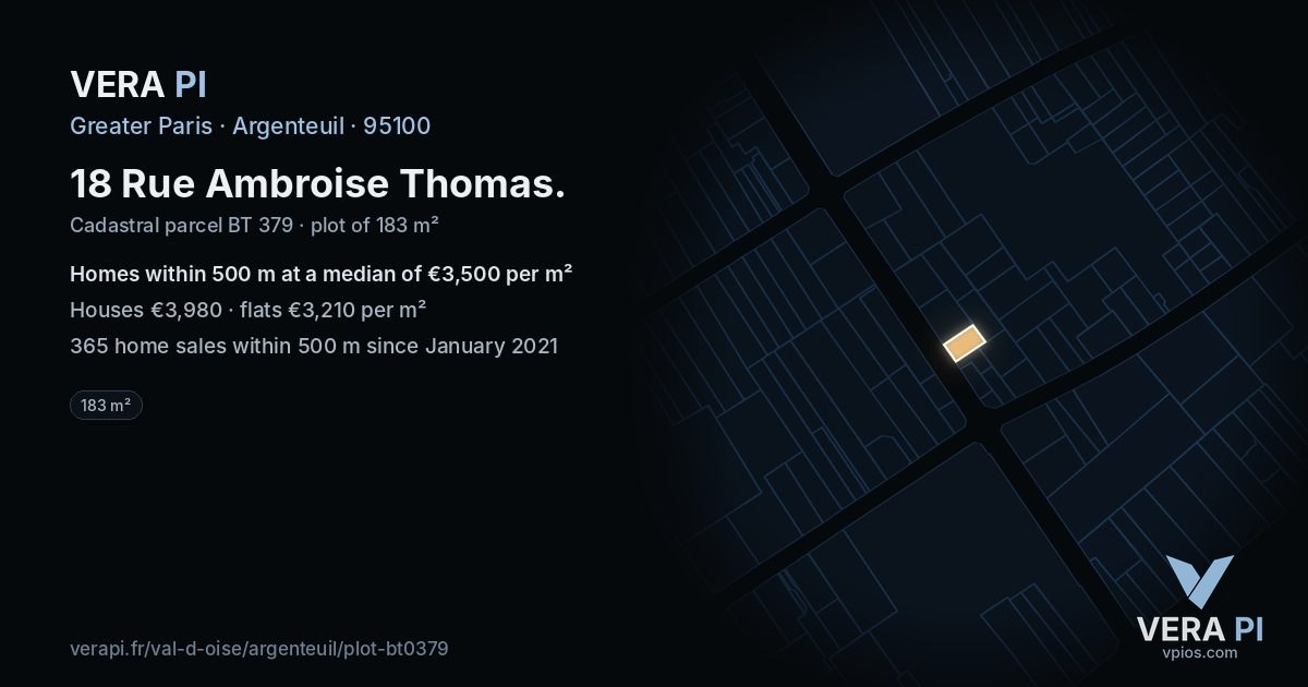18 Rue Ambroise Thomas, Argenteuil at night – the plot lit, the parcels around coloured by the prices near them