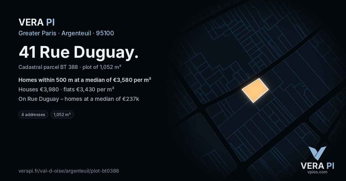 41 Rue Duguay, Argenteuil at night – the plot lit, the parcels around coloured by the prices near them