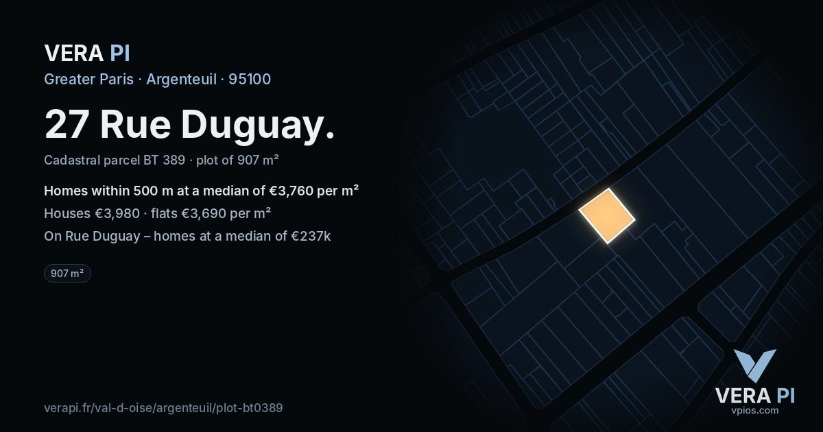 27 Rue Duguay, Argenteuil at night – the plot lit, the parcels around coloured by the prices near them