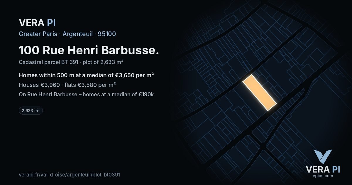 100 Rue Henri Barbusse, Argenteuil at night – the plot lit, the parcels around coloured by the prices near them