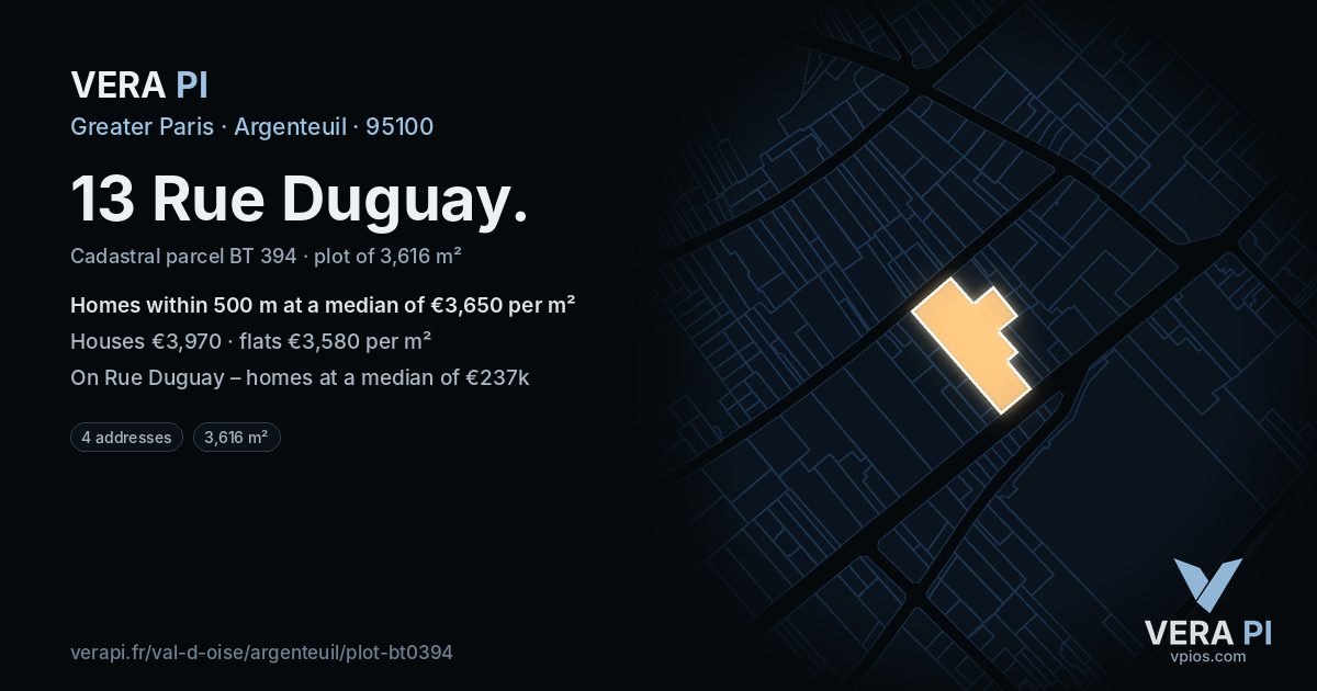 13 Rue Duguay, Argenteuil at night – the plot lit, the parcels around coloured by the prices near them