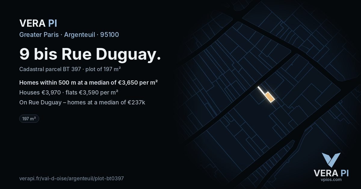 9 bis Rue Duguay, Argenteuil at night – the plot lit, the parcels around coloured by the prices near them