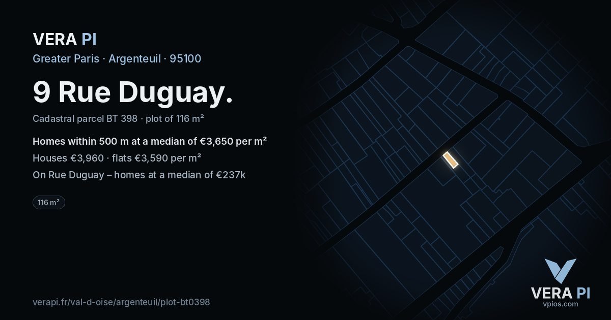9 Rue Duguay, Argenteuil at night – the plot lit, the parcels around coloured by the prices near them