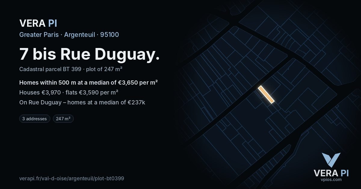 7 bis Rue Duguay, Argenteuil at night – the plot lit, the parcels around coloured by the prices near them