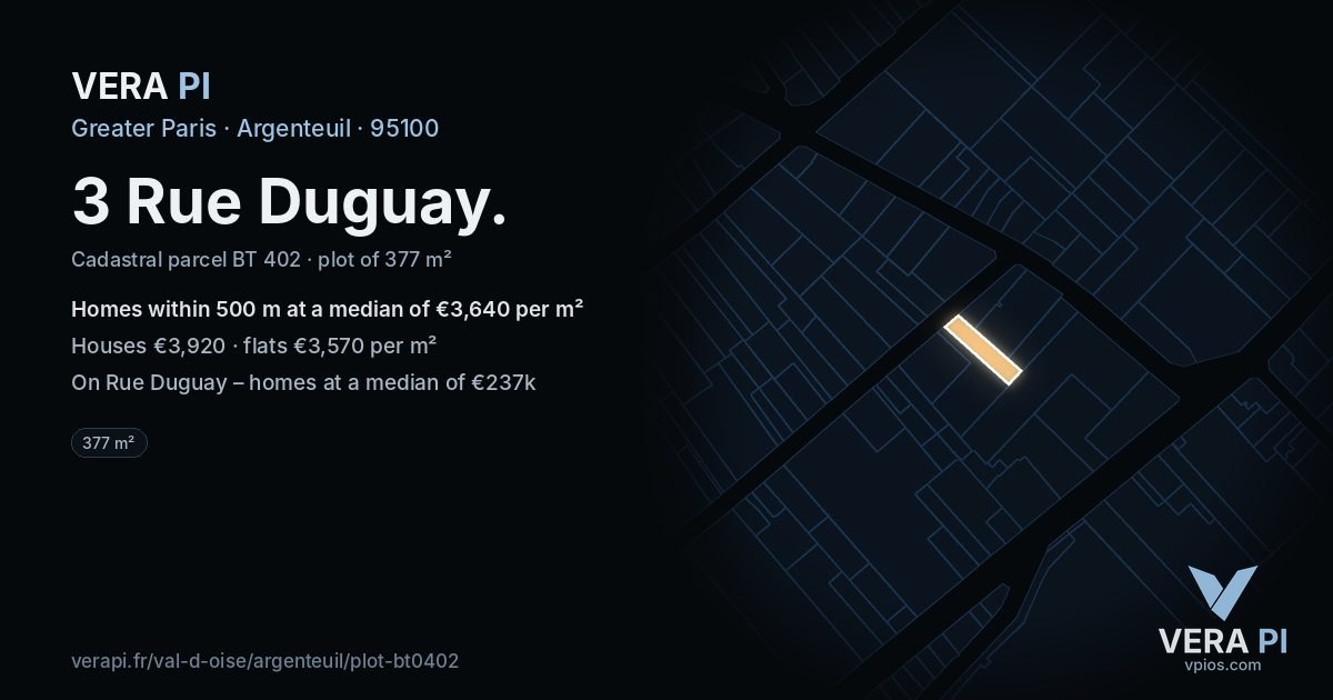 3 Rue Duguay, Argenteuil at night – the plot lit, the parcels around coloured by the prices near them