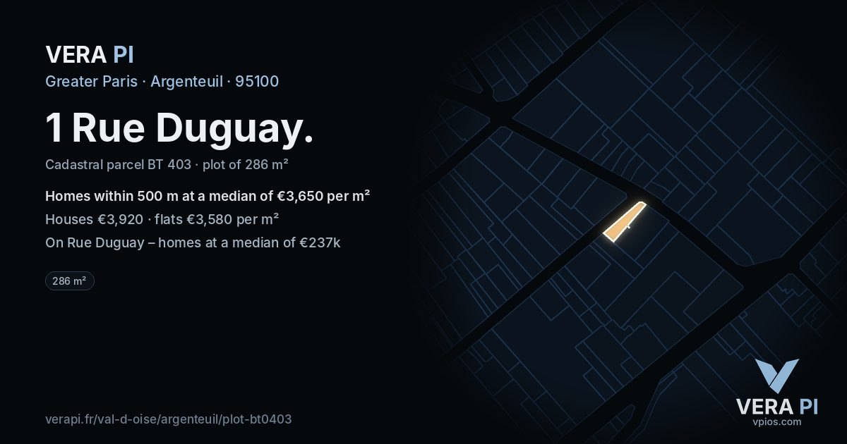 1 Rue Duguay, Argenteuil at night – the plot lit, the parcels around coloured by the prices near them
