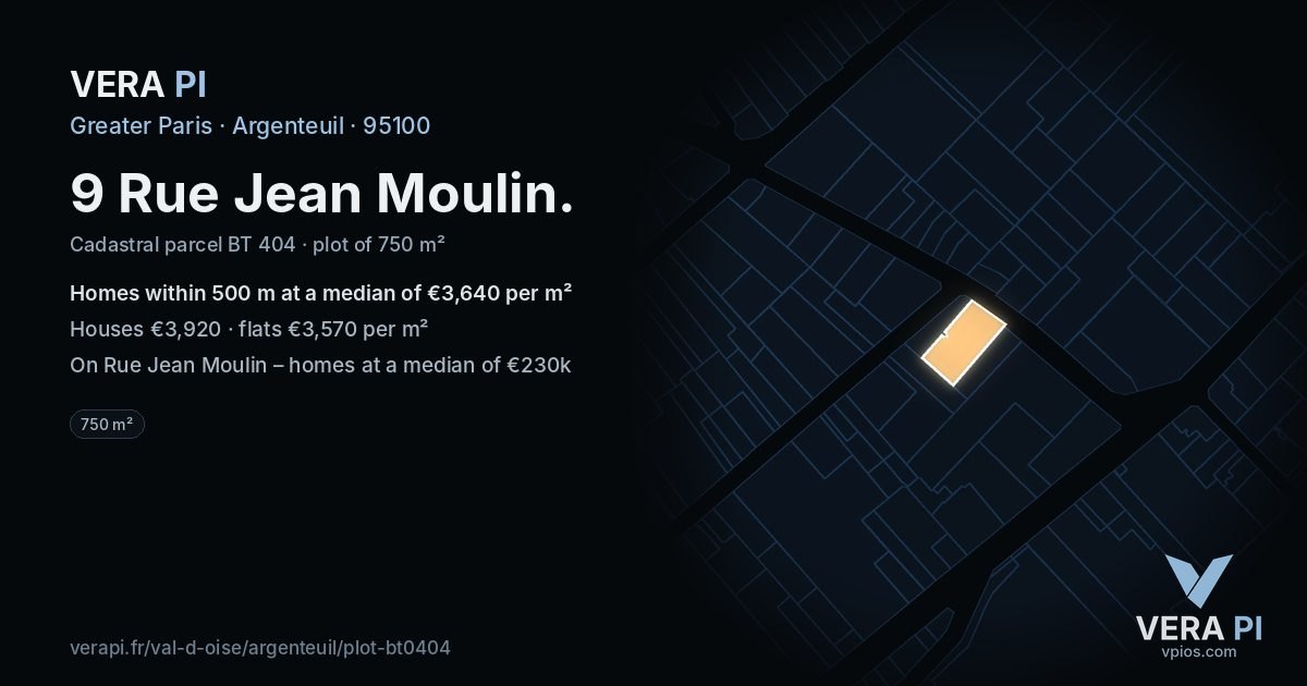 9 Rue Jean Moulin, Argenteuil at night – the plot lit, the parcels around coloured by the prices near them