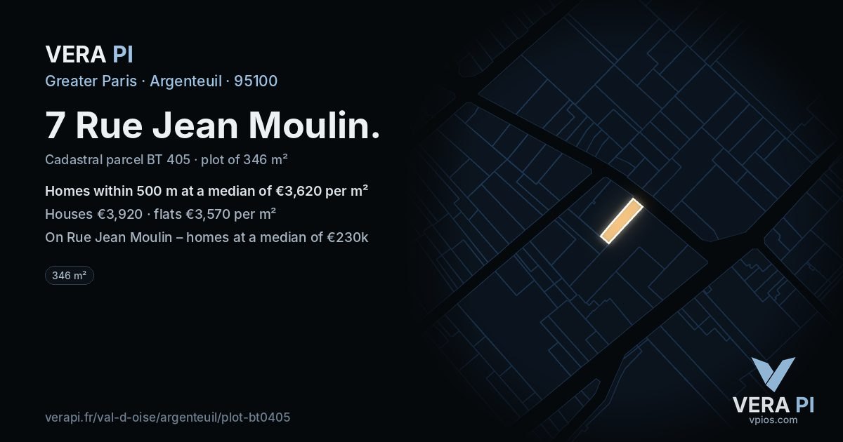 7 Rue Jean Moulin, Argenteuil at night – the plot lit, the parcels around coloured by the prices near them