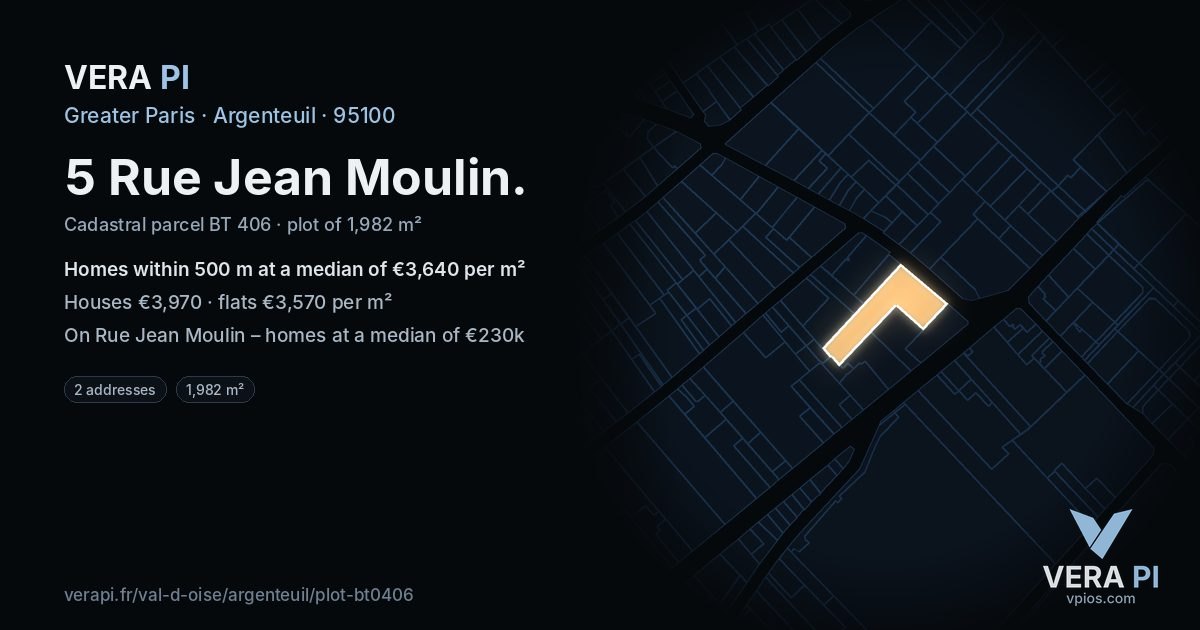 5 Rue Jean Moulin, Argenteuil at night – the plot lit, the parcels around coloured by the prices near them
