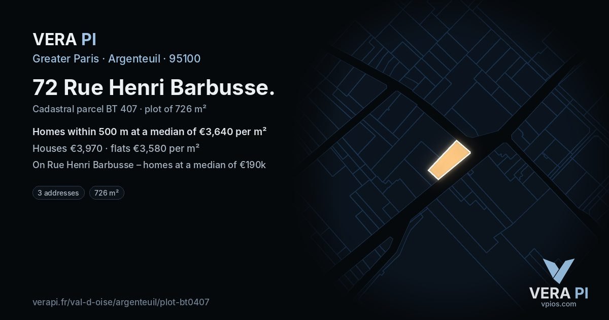 72 Rue Henri Barbusse, Argenteuil at night – the plot lit, the parcels around coloured by the prices near them