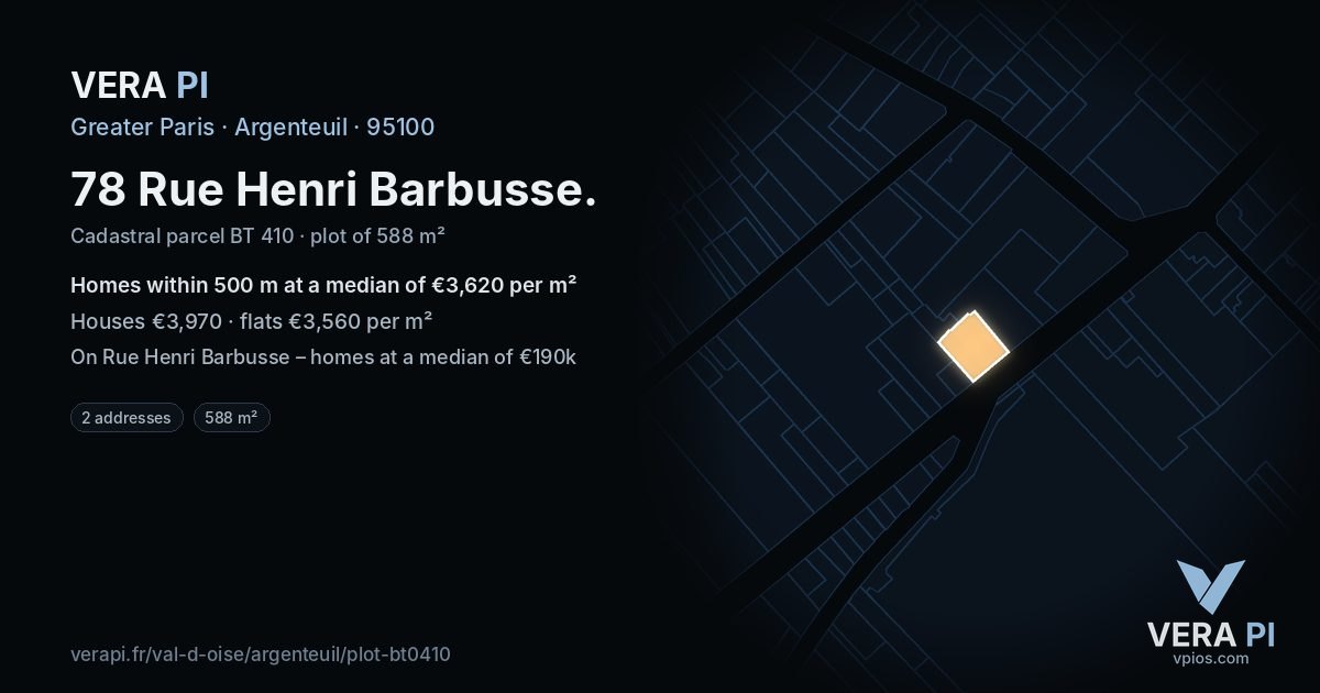78 Rue Henri Barbusse, Argenteuil at night – the plot lit, the parcels around coloured by the prices near them
