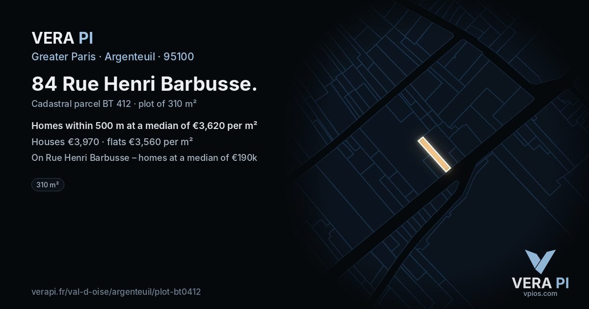 84 Rue Henri Barbusse, Argenteuil at night – the plot lit, the parcels around coloured by the prices near them