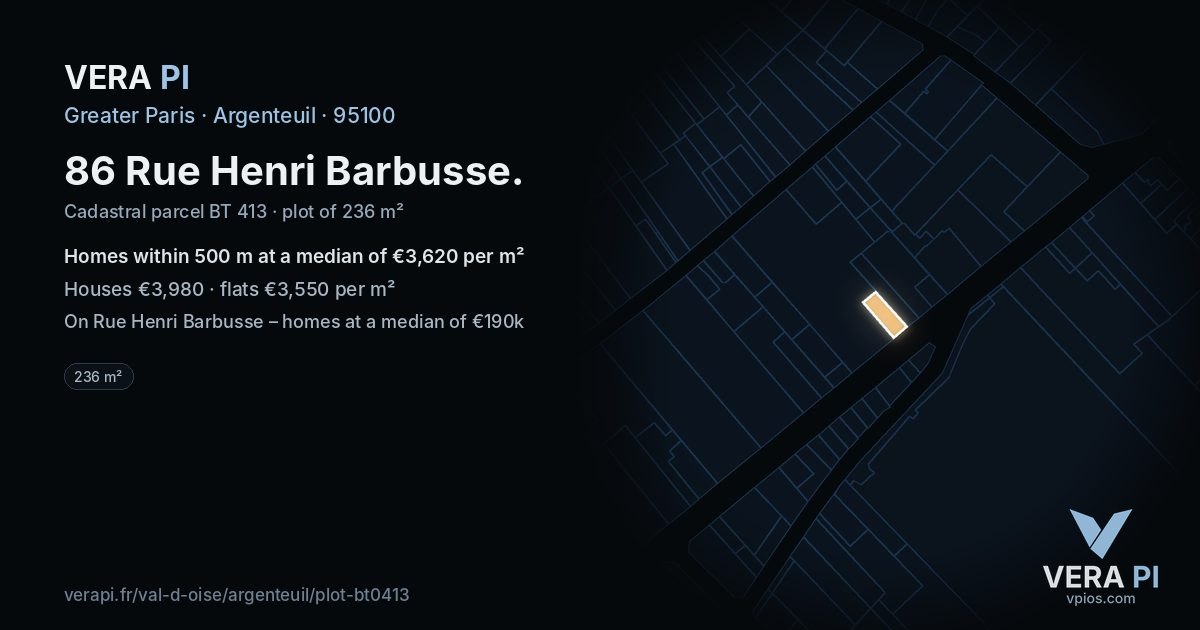 86 Rue Henri Barbusse, Argenteuil at night – the plot lit, the parcels around coloured by the prices near them