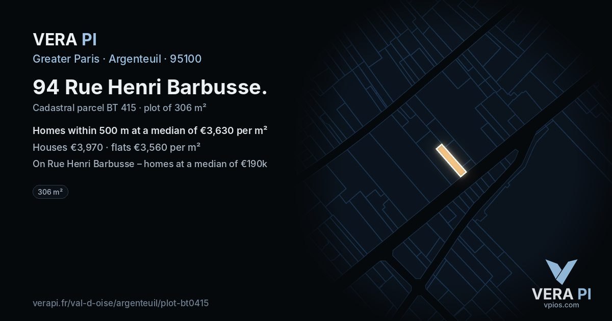 94 Rue Henri Barbusse, Argenteuil at night – the plot lit, the parcels around coloured by the prices near them