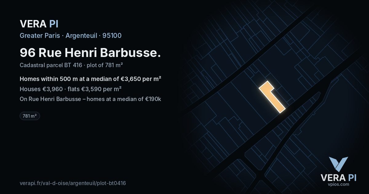 96 Rue Henri Barbusse, Argenteuil at night – the plot lit, the parcels around coloured by the prices near them