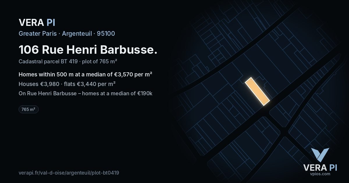 106 Rue Henri Barbusse, Argenteuil at night – the plot lit, the parcels around coloured by the prices near them