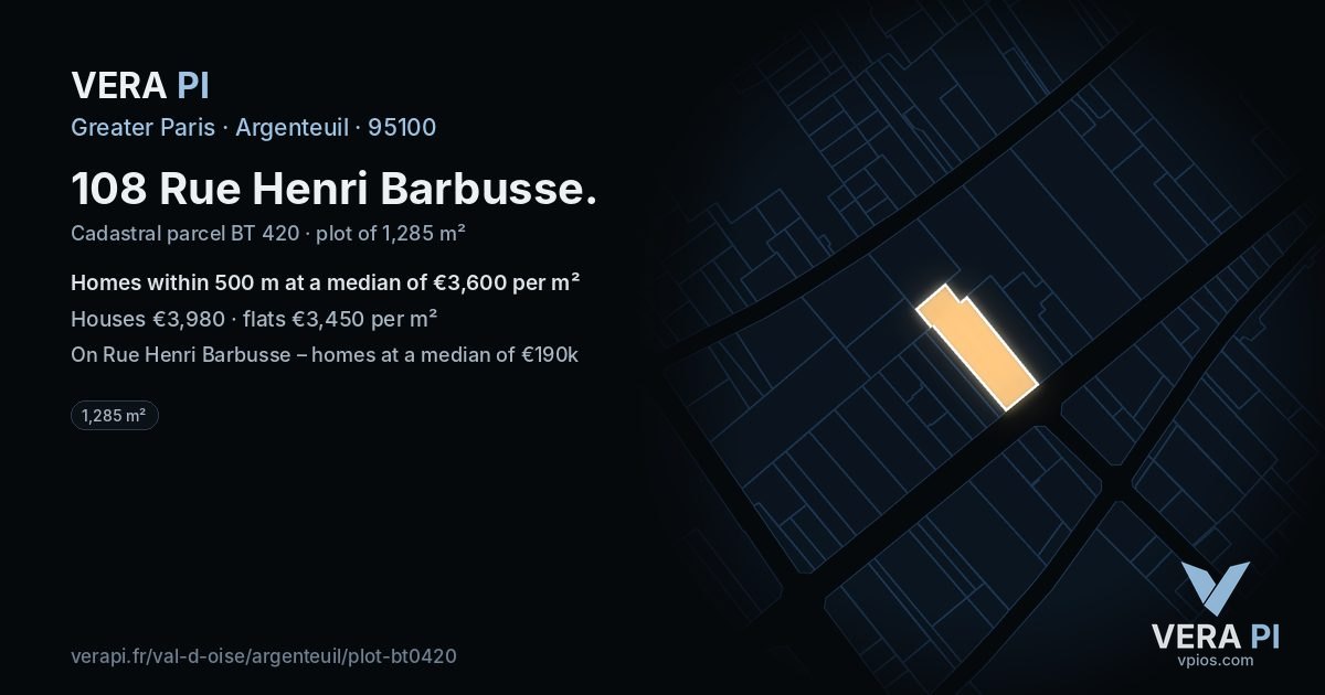 108 Rue Henri Barbusse, Argenteuil at night – the plot lit, the parcels around coloured by the prices near them