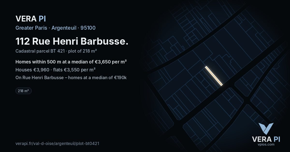 112 Rue Henri Barbusse, Argenteuil at night – the plot lit, the parcels around coloured by the prices near them