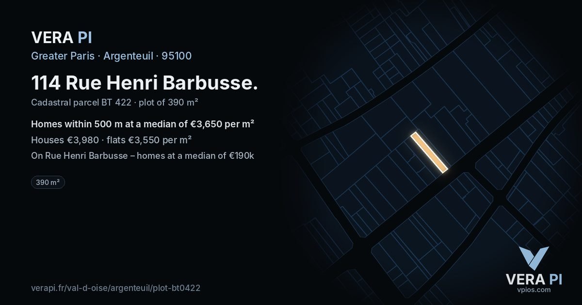 114 Rue Henri Barbusse, Argenteuil at night – the plot lit, the parcels around coloured by the prices near them