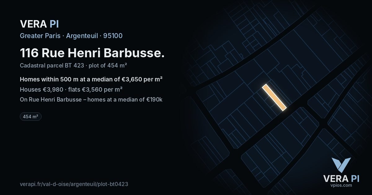 116 Rue Henri Barbusse, Argenteuil at night – the plot lit, the parcels around coloured by the prices near them
