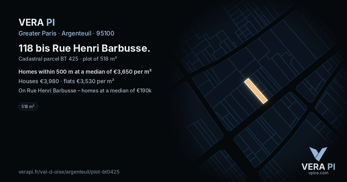 118 bis Rue Henri Barbusse, Argenteuil at night – the plot lit, the parcels around coloured by the prices near them