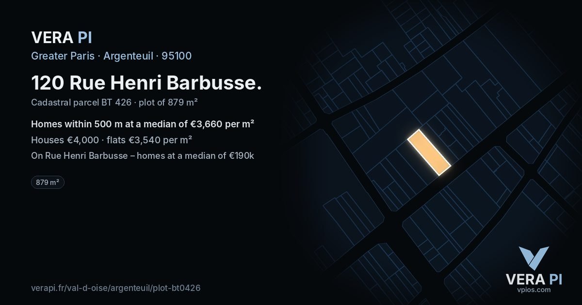 120 Rue Henri Barbusse, Argenteuil at night – the plot lit, the parcels around coloured by the prices near them