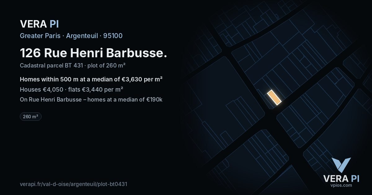 126 Rue Henri Barbusse, Argenteuil at night – the plot lit, the parcels around coloured by the prices near them
