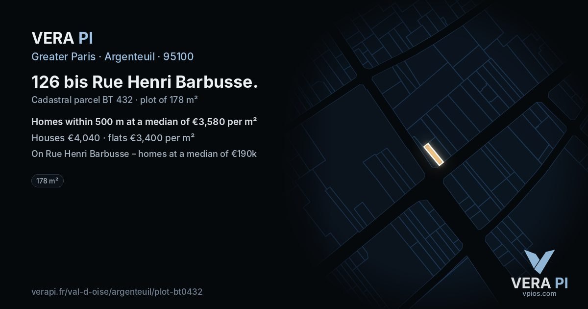 126 bis Rue Henri Barbusse, Argenteuil at night – the plot lit, the parcels around coloured by the prices near them