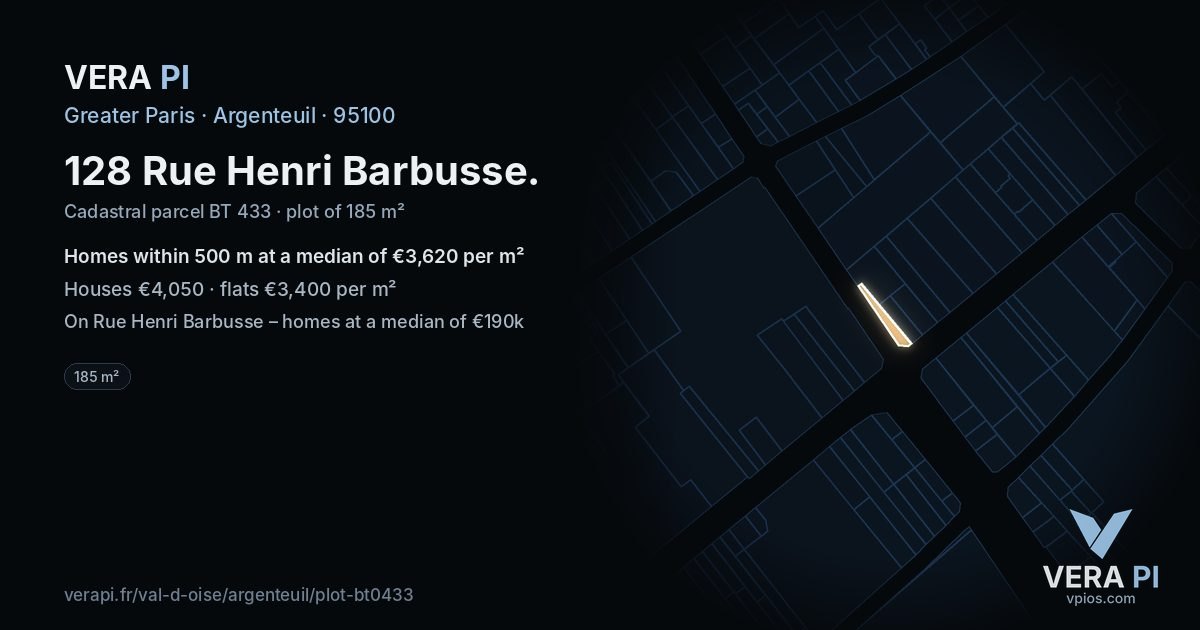128 Rue Henri Barbusse, Argenteuil at night – the plot lit, the parcels around coloured by the prices near them