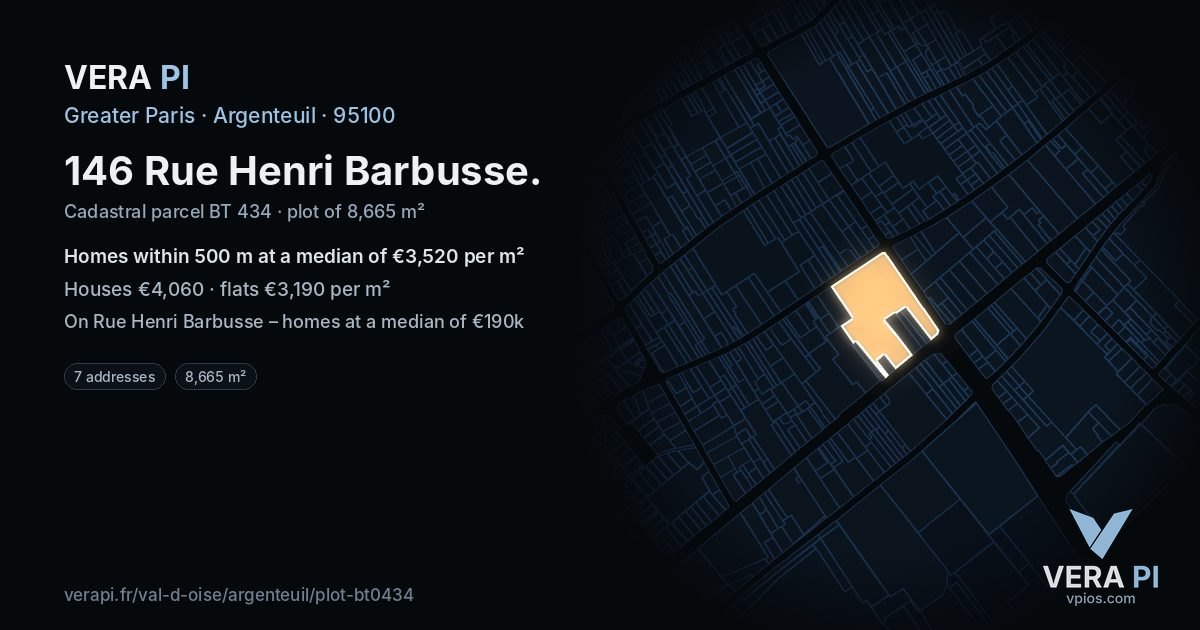 146 Rue Henri Barbusse, Argenteuil at night – the plot lit, the parcels around coloured by the prices near them