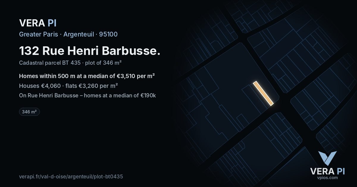 132 Rue Henri Barbusse, Argenteuil at night – the plot lit, the parcels around coloured by the prices near them