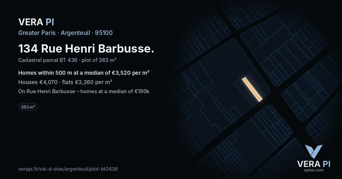 134 Rue Henri Barbusse, Argenteuil at night – the plot lit, the parcels around coloured by the prices near them