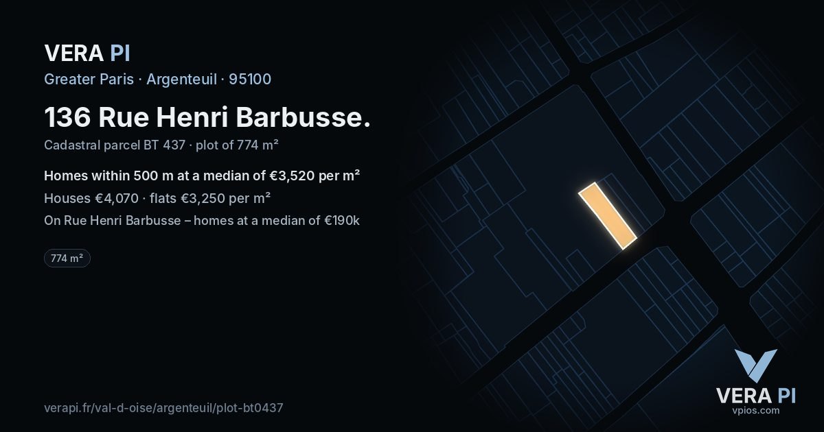 136 Rue Henri Barbusse, Argenteuil at night – the plot lit, the parcels around coloured by the prices near them